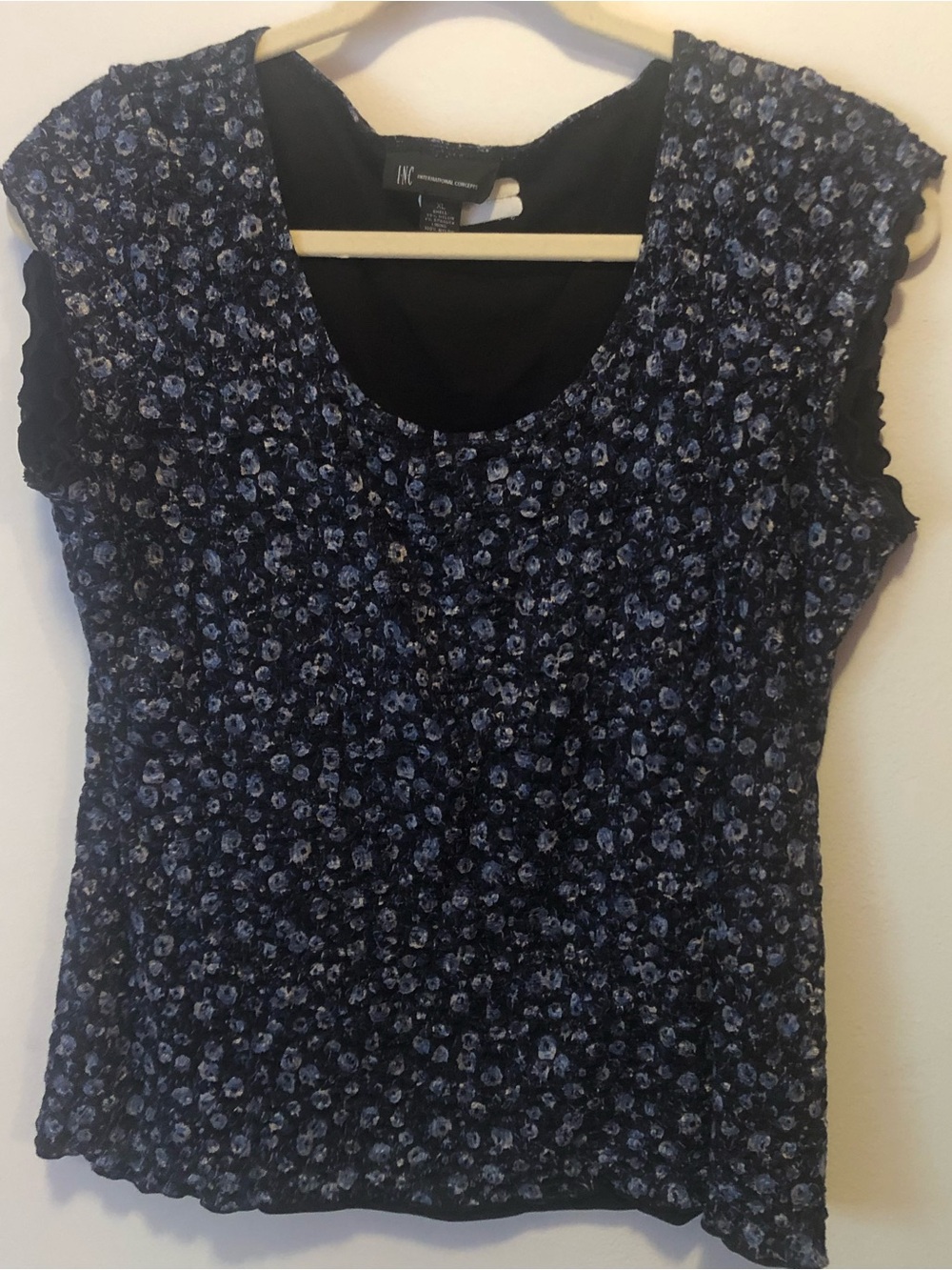 INC International Concepts Black Top with Blue Floral Pattern